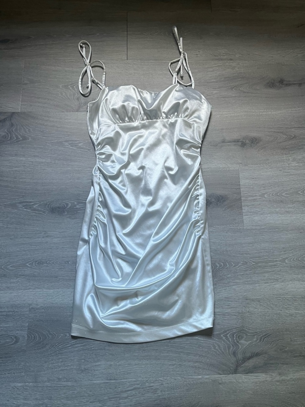 Woman’s White Satin Cami Dress with Tie Straps Size L.